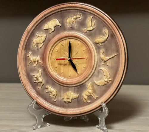 Designer Unique Hand Made Wooden Table Clock With Animals On Stand Vintage Style