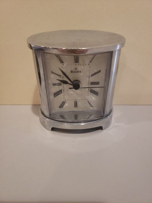 Desk Clock Bulova, Pearl Face, Metal Housing, Roman Numerals, 3” Tall, Working