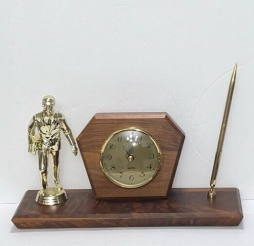 Desk Clock & Pen Set Gold Vtg Plastic Executive Figure Quartz Mad Men Style