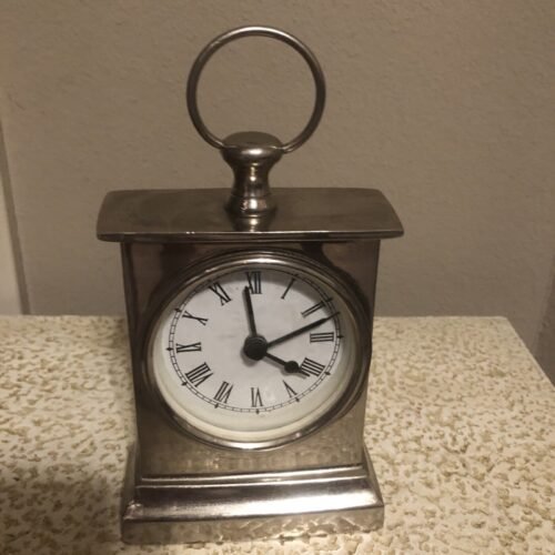Desk Clock Silver, Heavy, works great, Roman Numerals