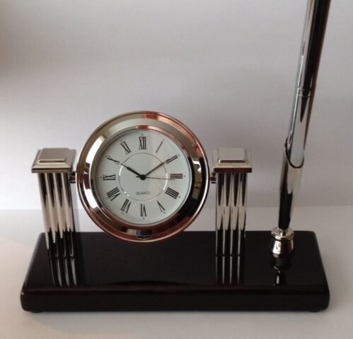 Desk Clock With Pen, SIlver In Color, High Gloss Wood Base, New In Box