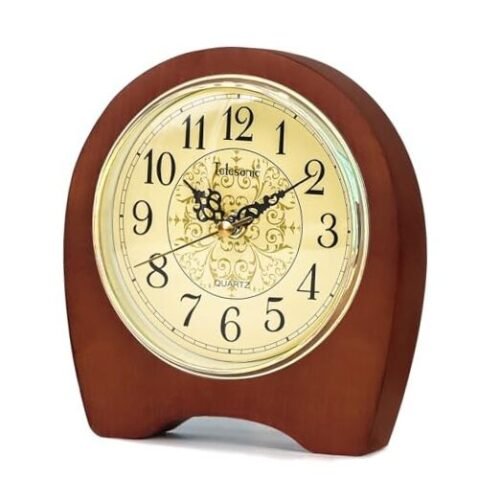 Desk Clock, Wooden Silent Table Clock, Battery Operated Vintage Clock Brown