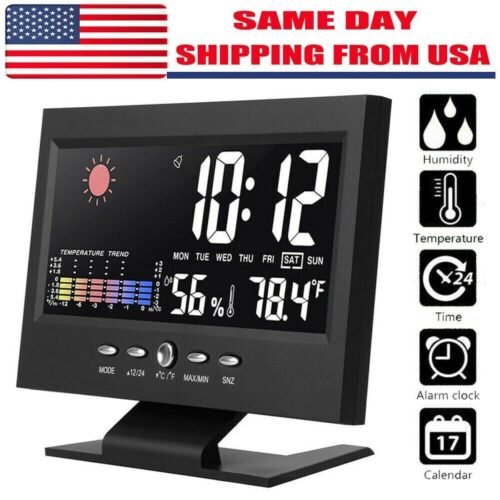 Desk Digital Alarm Clock Weather Thermometer LED Temperature Humidity Monitor