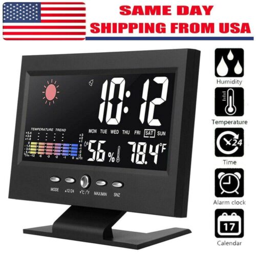 Desk Digital Alarm Clock Weather Thermometer LED Temperature Humidity Monitor image