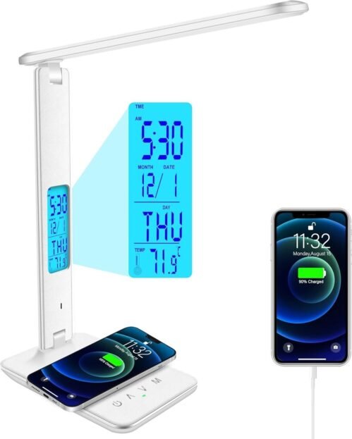 Desk Lamp, Desk Light with Wireless Charger, USB Charging Port, Dimmable Office