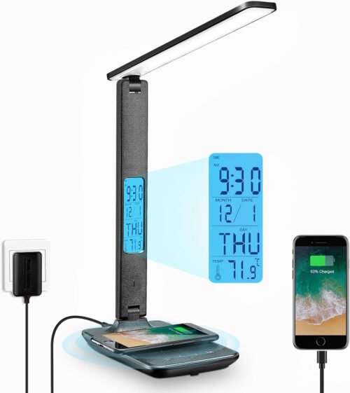 Desk Lamp with Wireless Charger: USB Charging Port, Table Lamp with Clock, Desk