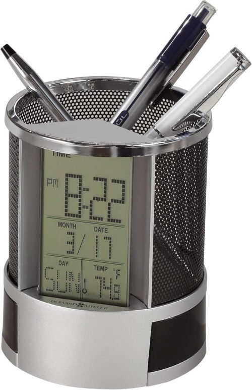 Desk Mate Table Clock 645-759 – Silver Finished, LCD Display Screen, Black Mesh