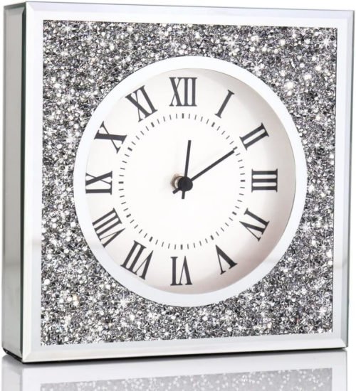 Desk Small Clocks 8x8x2 Inch Crystal Sparkle Twinkle Bling Square Crushed Dia...