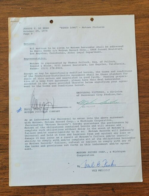 DETROIT MOTOWN BERRY GORDY signed 1974 contract BINGO LONG BASEBALL MOVIE RARE