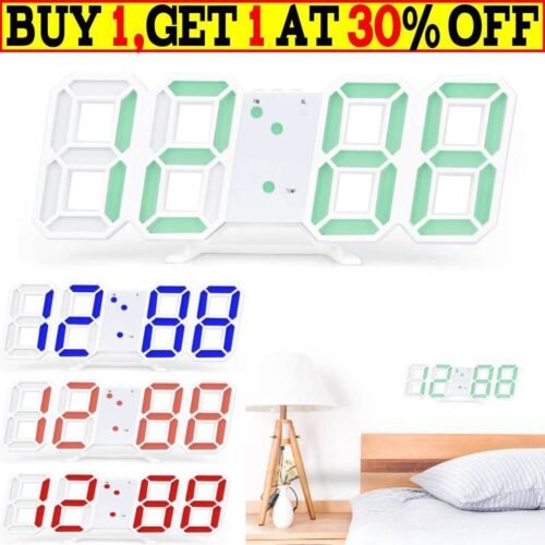 Digital 3D LED Big Wall Desk Alarm Clock Snooze 12/24 Hours Auto Brightness USB✔
