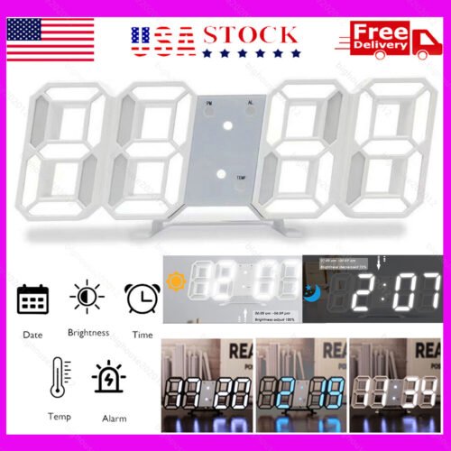 Digital 3D LED Big Wall Desk Alarm Clock Snooze 12/24 Hours Auto Brightness USB