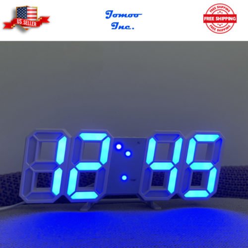 Digital 3D LED Wall Desk Alarm Clock 9.7" Brightness Adjustable Blue