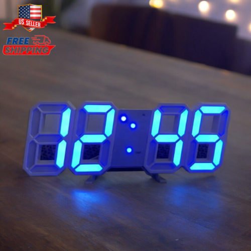 Digital 3D LED Wall Desktop Alarm Clock 6.5" Brightness Adjustable Blue