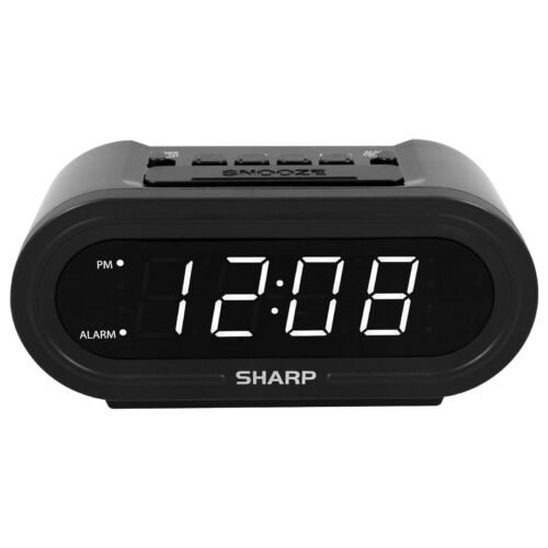 Digital Alarm Clock - Auto Set, Black with White LED Display
