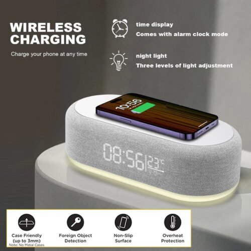 Digital Alarm Clock 15W Phone Wireless Charger Thermometer Date LED Night Light