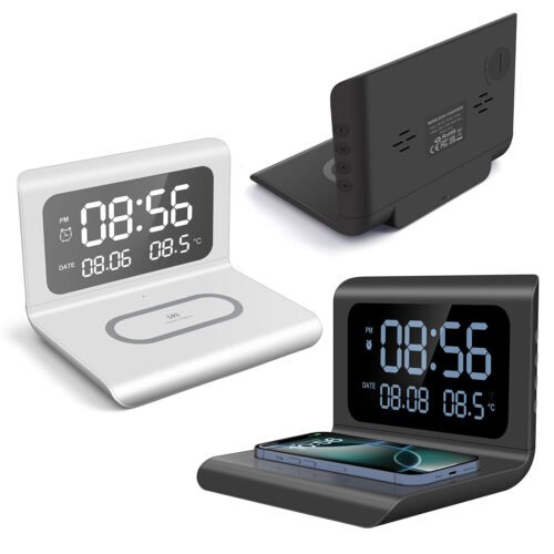 Digital Alarm Clock 15W Wireless Charger With Thermometer For Bedroom/Office