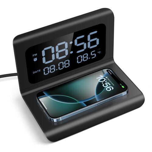Digital Alarm Clock 15W Wireless Charger With Thermometer For Bedroom/Office