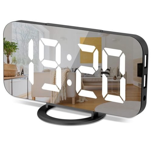 Digital Alarm Clock 6.5" Large LED Mirror Display Dual USB Charger Port Clocks