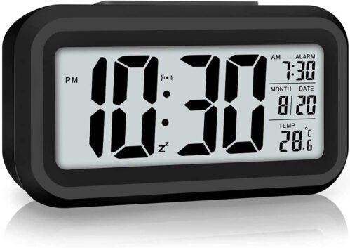 Digital Alarm Clock, Alarm Clock for Bedroom with Smart Night Light, Indoor Temp