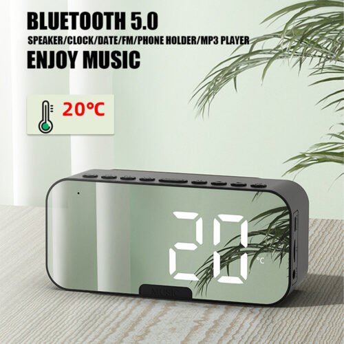 Digital Alarm Clock FM Radio Wireless Bluetooth Mirror LED With Speaker Portable