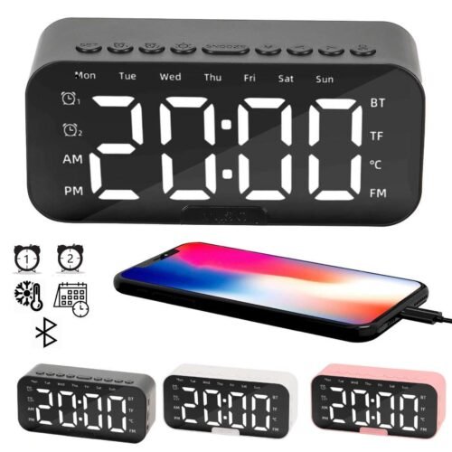 Digital Alarm Clock FM Radio Wireless Bluetooth Mirror LED With Speaker Portable