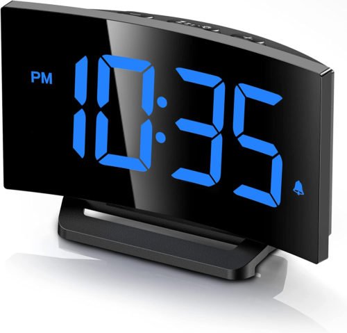 Digital Alarm Clock for Bedrooms Digital Clock Modern Curved Design Blue New