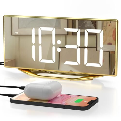 Digital Alarm Clock for Bedrooms, Slim LED Desk Clock with Gold Mirror Finish...