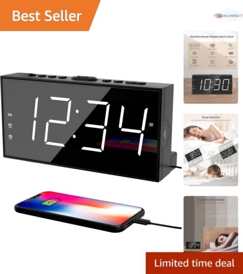 Digital Alarm Clock Large Display Dual Alarms USB Charging Nightstand
