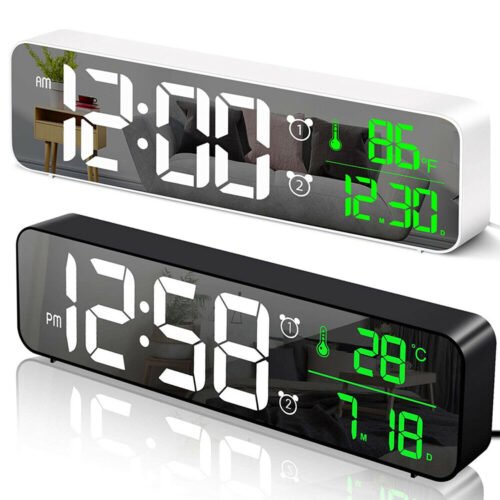 Digital Alarm Clock Large LED Mirror Display Temperature Date Bedside Wall Clock