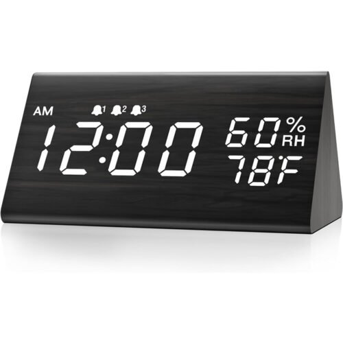 Digital Alarm Clock LED Stylish Wooden Display Temperature Bedside Wall Clock