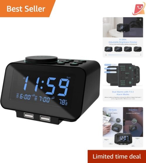 Digital Alarm Clock Radio Plastic 4.25" Adjustable Brightness Dual Alarm USB