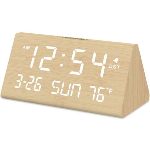Digital Alarm Clocks for Bedrooms - Wooden Desk Clock with Date, Day of Week,...