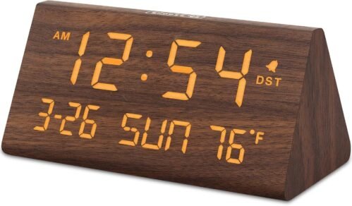 Digital Alarm Clocks for Bedrooms - Wooden Desk Clock with Date Day of Week U...