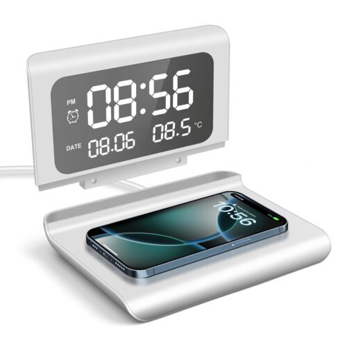Digital Alarm Clock Thermometer With 15W Wireless Charger For iPhone Samsung