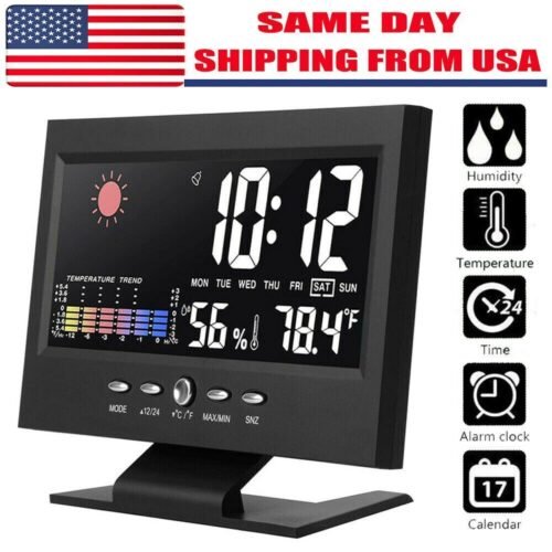 Digital Alarm Clock Weather Thermometer LED Temperature Humidity Monitor C33