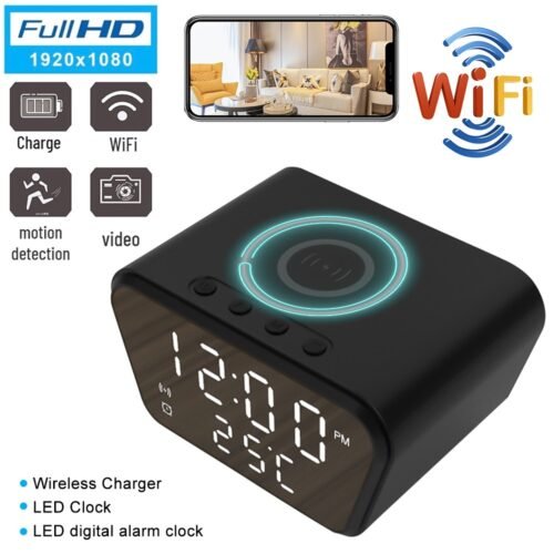 Digital Alarm Clock Wireless Charger 1080P HD WiFi Motion Detection Night Vision