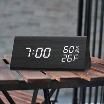 Digital Alarm Clock, with Wooden Electronic LED Time Display, 3-Alarm Settings, Humidity...