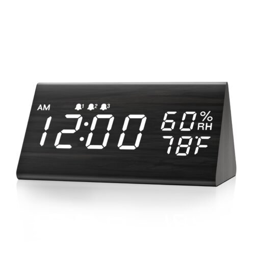 Digital Alarm Clock, with Wooden Electronic LED Time Display, 3 Alarm Setting...