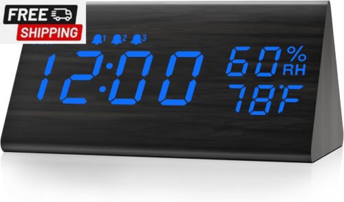 Digital Alarm Clock, with Wooden Electronic LED Time Display, 3 Alarm Settings,