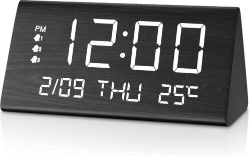 Digital Alarm Clock, with Wooden Electronic LED Time Display, 3 Alarm Settings