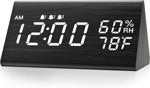 Digital Alarm Clock, with Wooden Electronic LED Time Display, 3 Alarm Settings