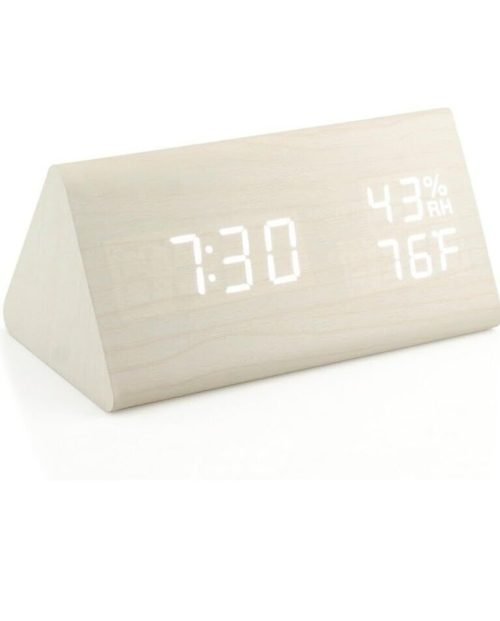 Digital Alarm Clock Wooden Electronic LED Time Display Voice Control Humidity Te