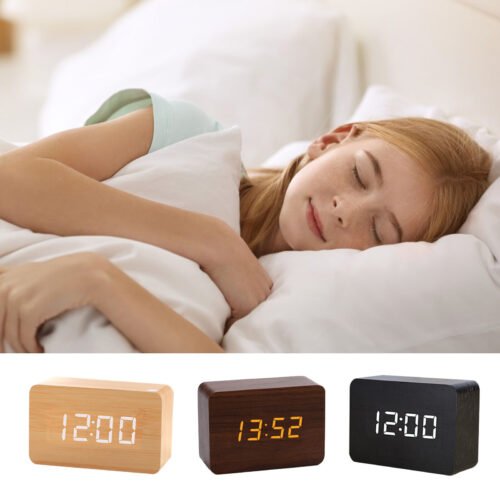 Digital Alarm Clock Wooden Table Desk Bedside Clock Electric Bedroom Clock