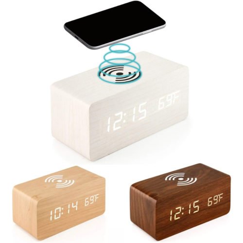 Digital Alarm Clock Wooden Table Desk Bedside LED Clock With Wireless Charger