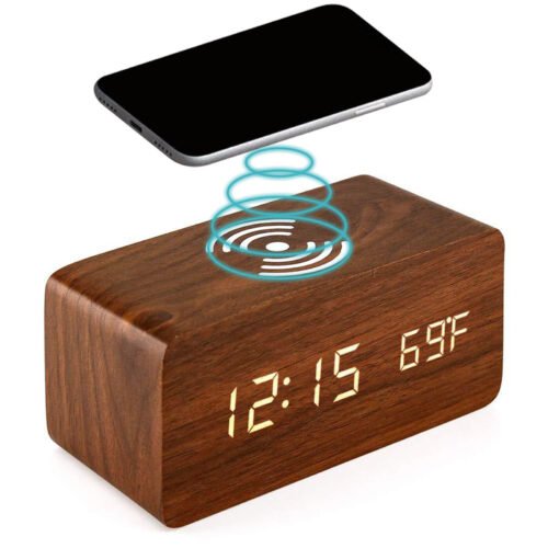 Digital Alarm Clock Wooden Table Desk Bedside LED Clock With Wireless Charger