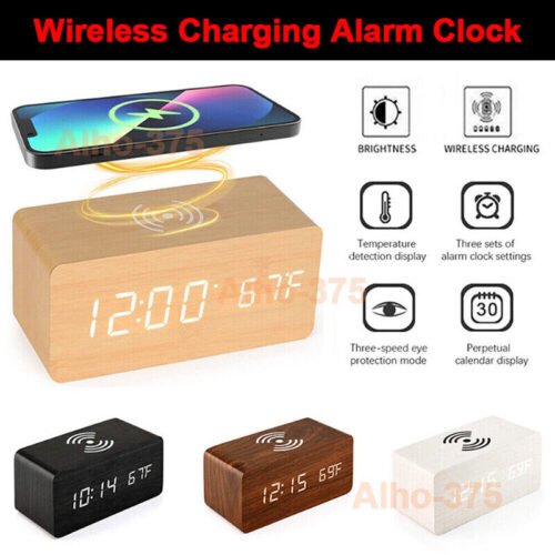 Digital Alarm Clock Wooden Table Desk Bedside LED Clock With Wireless Charger