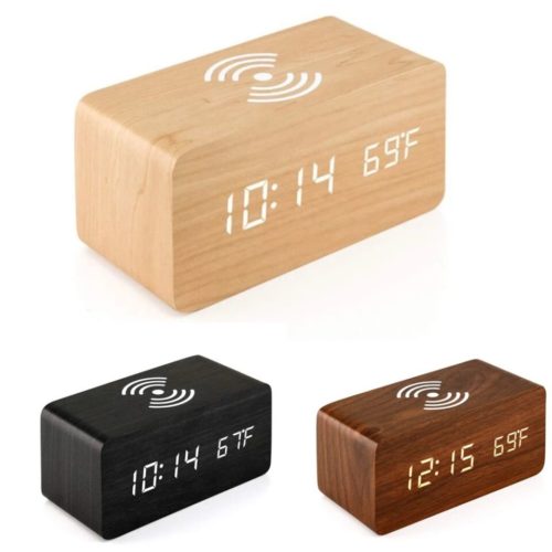 Digital Alarm Clock Wooden Table Desk Bedside LED Clock With Wireless Charger AU