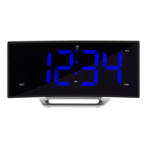 Digital Atomic Alarm Clock Timer 1.8 In. Curved Blue LED Dual Display Black New