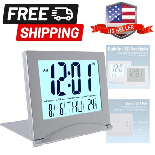 Digital Clock LCD Travel Alarm Foldable with Backlight – Day, Date and Temper...