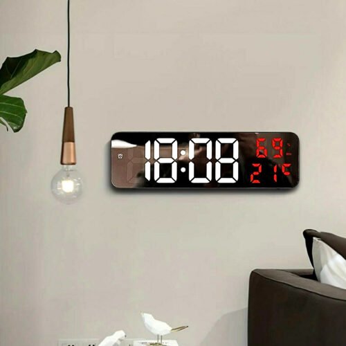 Digital Clock Wall Clock Red LED Display Alarm Clock Temperature Humidity
